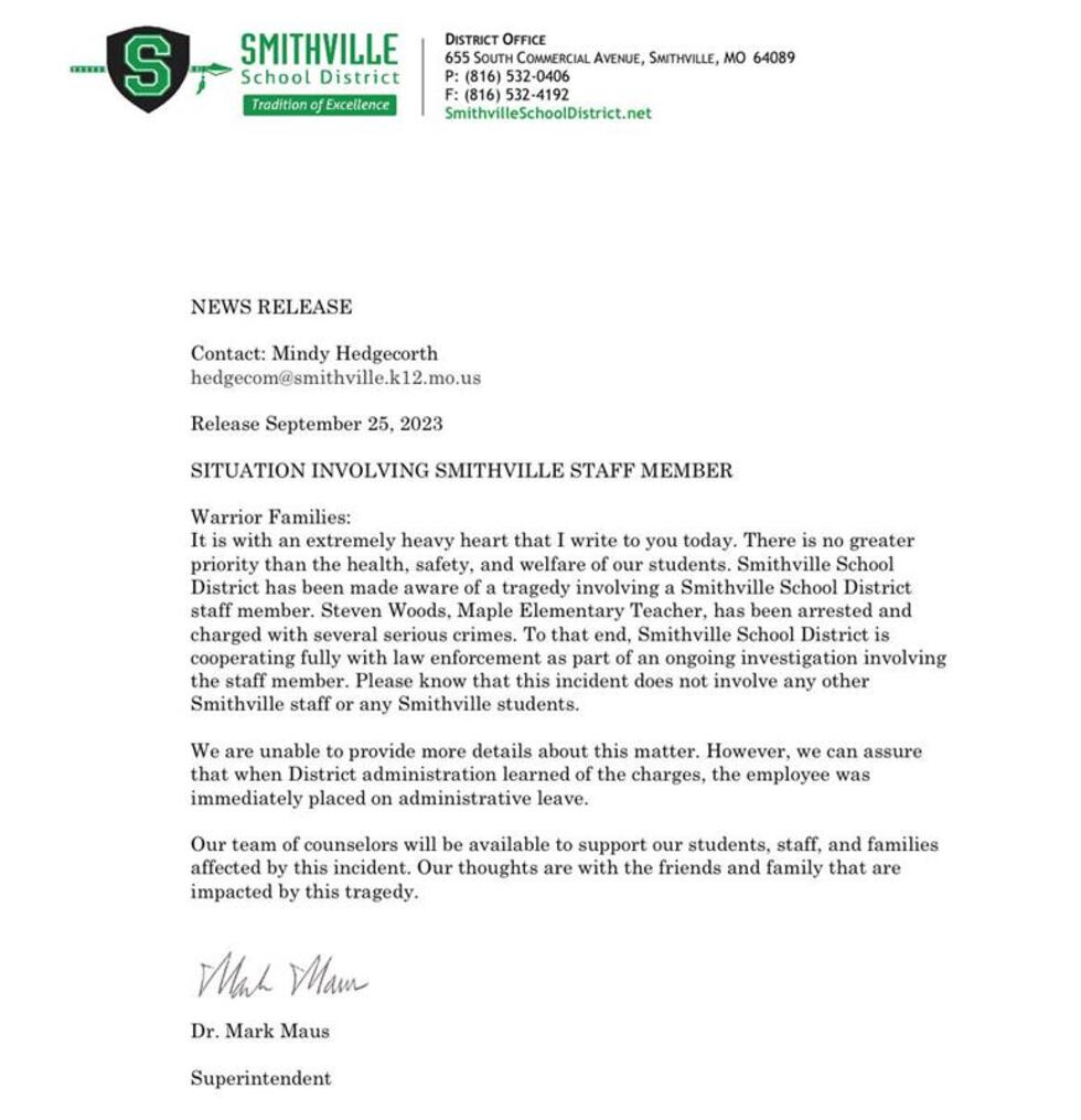 The Smithville School District notified families that an employee is charged with first-degree...