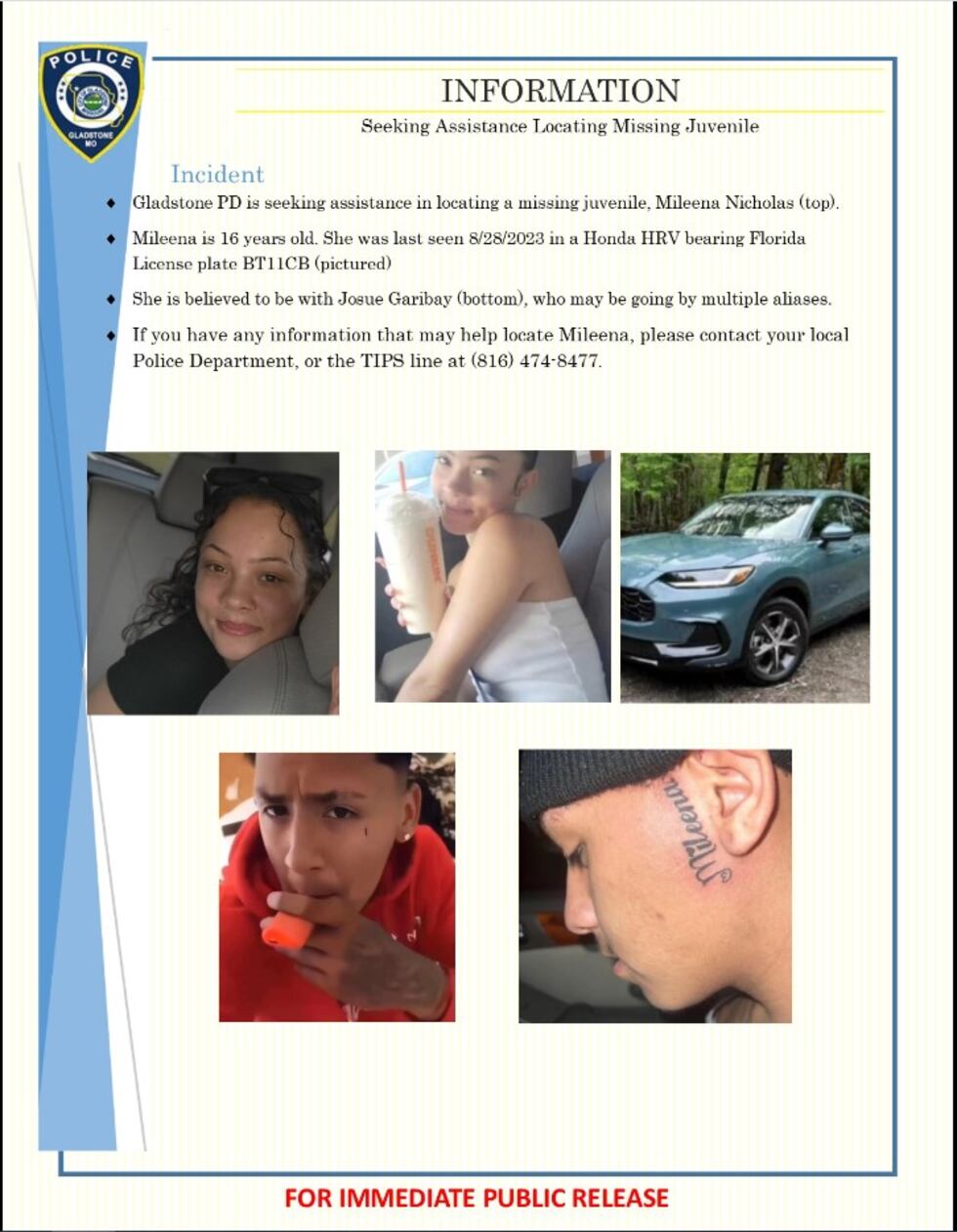 Gladstone PD search for missing teen from Florida.