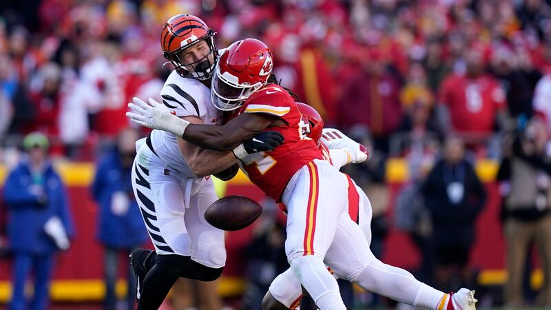 FILE: Kansas City Chiefs outside linebacker Nick Bolton (54) breaks up a pass intended for...