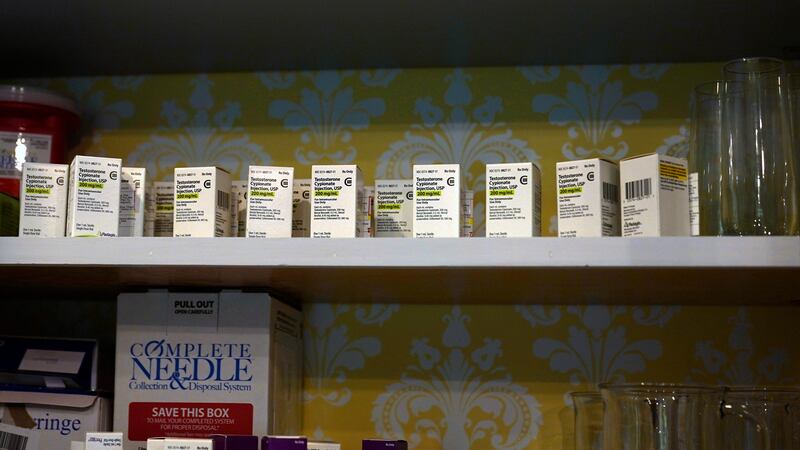 A stockpile of testosterone sits on a shelf in Becky Hormuth's kitchen Wednesday, Sept. 20,...