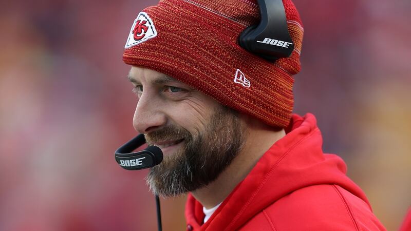 FILE: Kansas City Chiefs offensive coordinator Matt Nagy looks up from the sideline during a...
