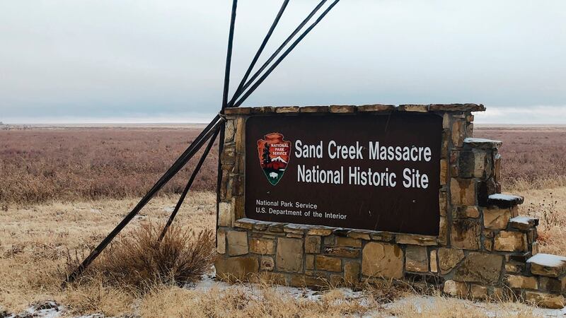 FILE - An entrance sign is shown at the Sand Creek Massacre National Historic Site in Eads,...