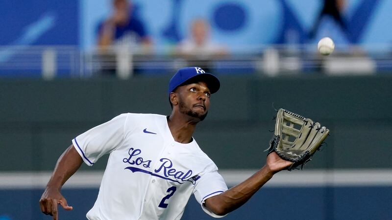 Kansas City Royals center fielder Michael A. Taylor catches a fly for the out on Seattle...