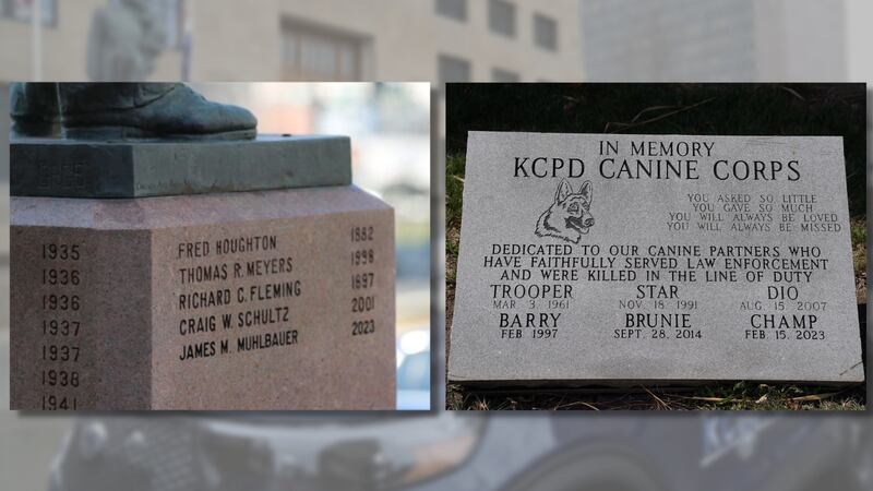 The names of Ofc. James Muhlbauer and K-9 Champ have been engraved on memorials outside Kansas...
