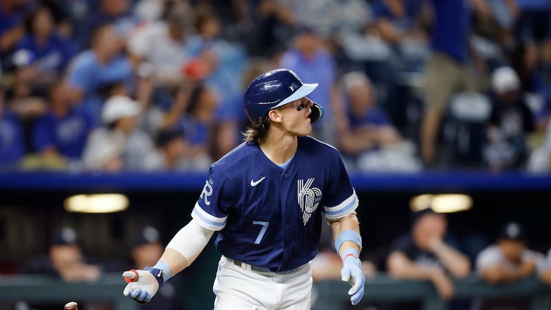 Kansas City Royals' Bobby Witt Jr. watches his two-run home run against the New York Yankees...
