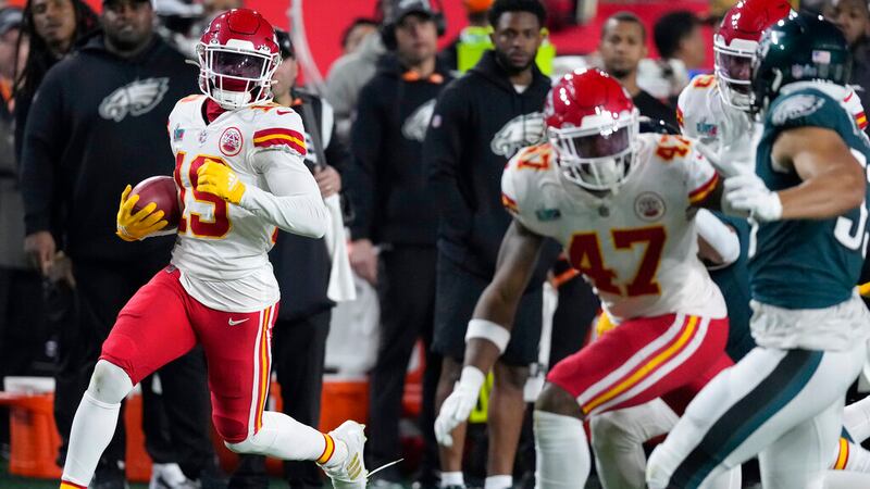 Kansas City Chiefs' Kadarius Toney (19) returns a punt during the second half of the NFL Super...