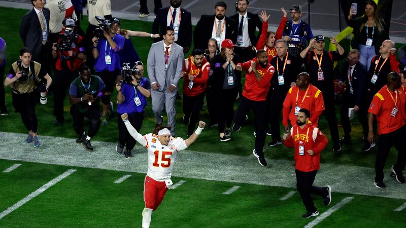 Kansas City Chiefs quarterback Patrick Mahomes (15) reacts after defeating the Philadelphia...