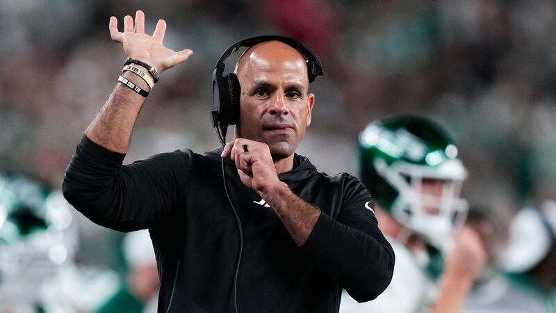 New York Jets head coach Robert Saleh motions from the sidelines during the third quarter of...