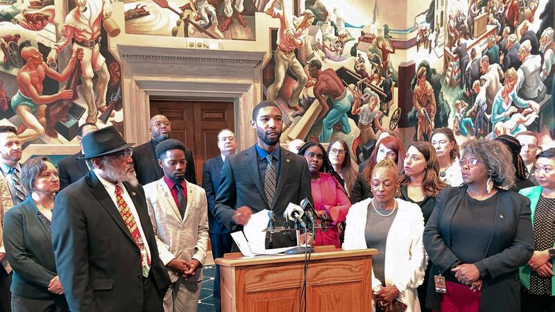 Missouri state Rep. Kevin Windham speaks to reporters during a press conference Thursday, Feb....