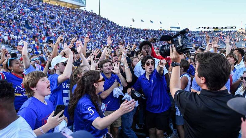 Kansas improved to 5-0 with a 14-11 win over Iowa St. on Oct 1, 2022; Lawrence, Kansas, USA