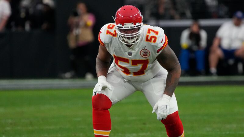 Kansas City Chiefs offensive tackle Orlando Brown Jr. (57) lines up against the Las Vegas...