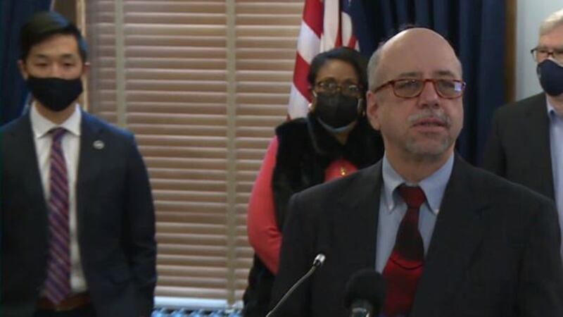 FILE - Kansas House Minority Leader Tom Sawyer (D) speaks at Democratic Caucus. (Feb. 9, 2021)