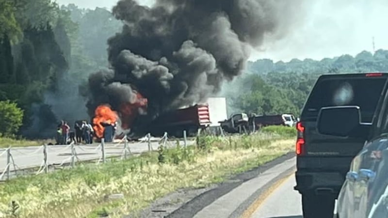 A fireball from the initial wreckage of the major crash on I-435 in Kansas City on Tuesday...